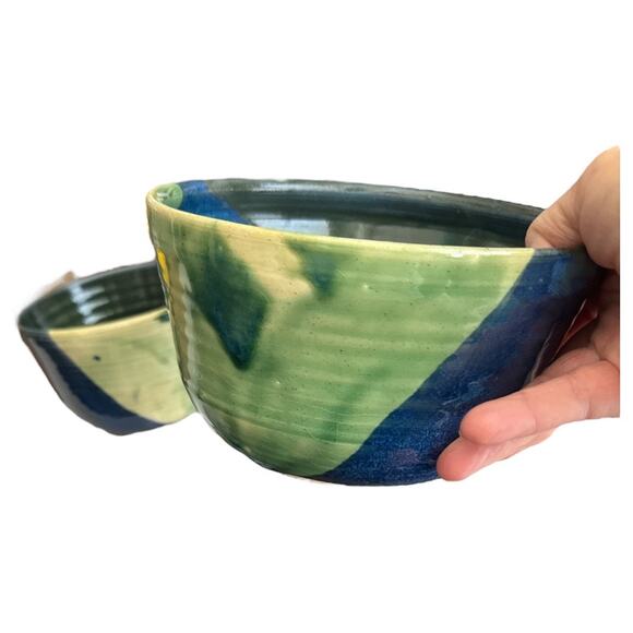 Handmade Signed Blue Green Glazed Bowls Set of 2 - Picture 5 of 10